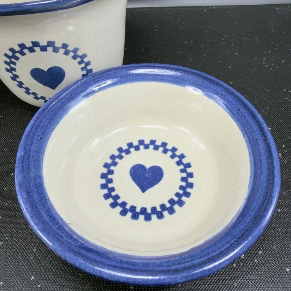 Brinker‎ Pots Dip Crock Set Blue Heart Stoneware Pottery Kansas City 2000s 2pc